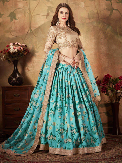Sky Blue Floral Digital Printed Organza Wedding Wear Lehenga Choli